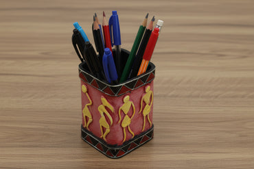 Handmade Recycled Paper Pen Stand with Tribal Art | Eco-Friendly Desk Organizer for Home & Office