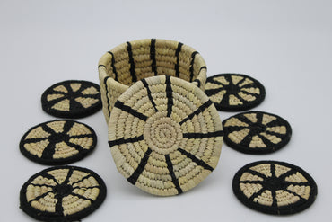 Set of 6 Sabai Grass Coasters in Matching Case - black accent