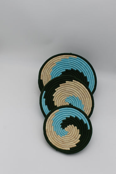 Triple hue spiral handwoven set of 3 wall art (Blue and green)
