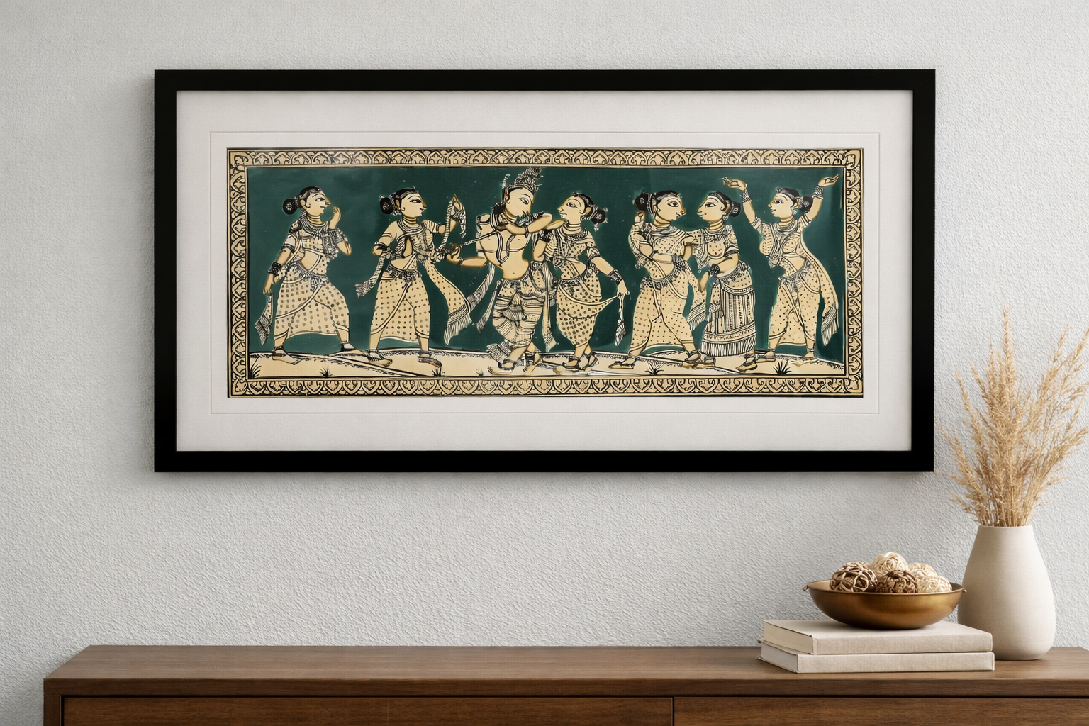 Framed Pattachitra Paintings – Radha and Lord Krishna surrounded by the Gopis| Handmade and Timeless