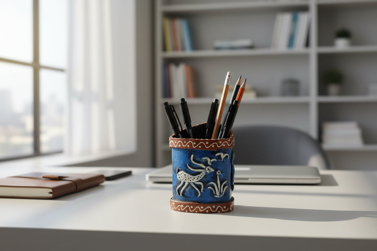 Handmade Recycled Paper Pen Stand with Tribal Art | Eco-Friendly Desk Organizer for Home & Office