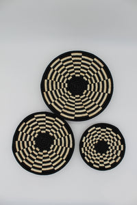 CheckerWeave handwoven set of 3 wall art ( black and neutral)
