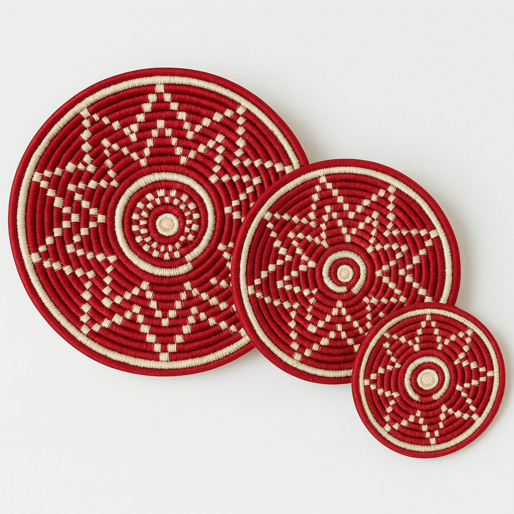 Crimson starburst handwoven set of 3 wall art (Maroon)